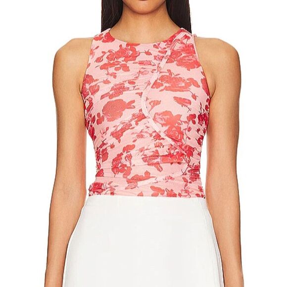 Bardot Women's Felicia Mesh Top Size 10 Red Floral Ruched Blouse - Picture 2 of 12